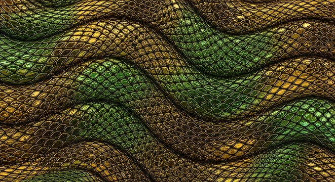 Stunning scales texture in rich gold and green hues creates a mesmerizing abstract pattern, perfect for backgrounds and design elements, adding a touch of elegance