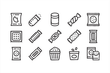 Minimal line art icons of candy bars, bags, and snack containers