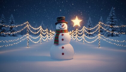Obraz premium Title: magical christmas snowman holding a glowing star in a snowy field surrounded by golden holiday lights