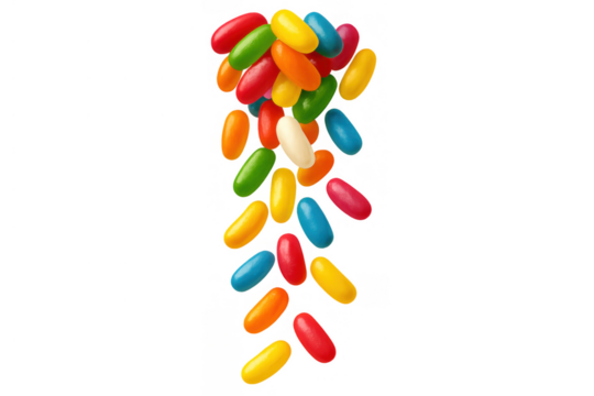 Colorful jelly beans falling in a vertical stream, sweet sugary candy explosion on transparent background