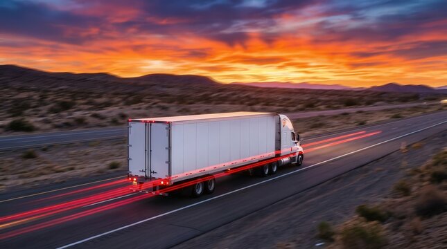 Semi Truck on Desert Highway at Sunset