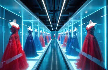 Futuristic fashion showroom with elegant evening gowns on mannequins. Luxury red, blue dresses in glass displays with blue neon light. Modern boutique interior shows, haute couture innovative