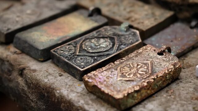 Detailed view of toned tinplate jewelry components with a vintage patina effect capturing the intricate stamped designs and aged metallic hues.