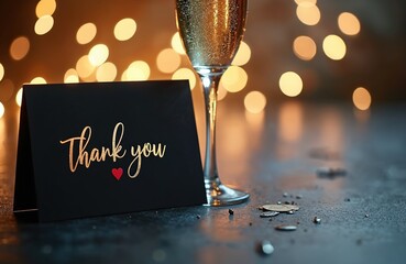 Elegant black card with gold Thank You text, red heart sits next to champagne flute. Soft bokeh lights background. Celebrate appreciation, holidays, weddings, special events with style, warmth.