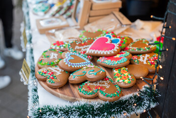 Delicious icing gingerbread cookies at the Christmas market for the New Year in Gdansk, Poland