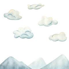 Clouds is floating in the sky above a mountain range. Watercolor hand drawn illustration of Clouds in blue and beige colors. Watercolor sky and mountains in Childish style. Illustration for kids goods