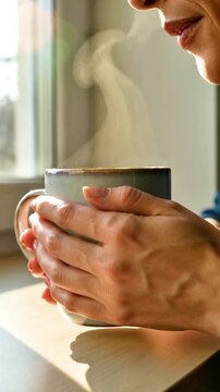 woman sipping coffee tea cup mug drinking sip hands hand holding warm hot morning light window sunlight joe lips fresh cocoa latte beverage cafe tasty closeup people table brew brewed business 