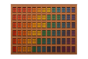 Building facade displaying a spectrum of colorful windows, windows showing a vibrant rainbow gradient, transparent background