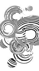 Abstract black and white concentric circles and rings forming a dynamic geometric pattern.