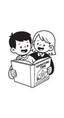 Two cheerful children reading a book together, a friendly illustration of learning and curiosity.