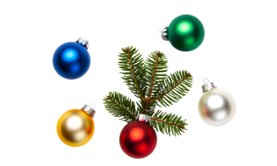 Colorful Christmas Ornaments with Fir Branch Shiny and Festive Decoration