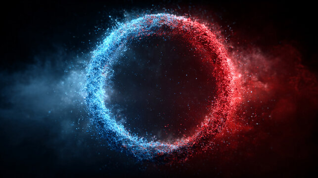 Red and blue glowing particles form a rotating circular ring in a dark space, creating a dynamic intro logo motion background with vibrant energy and futuristic light effects.
