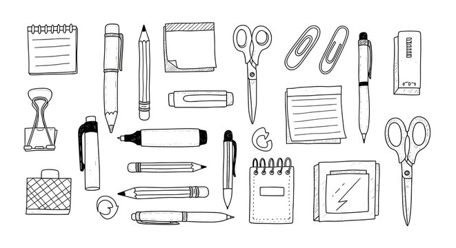 A delightful assortment of hand-drawn office and school stationery, showcasing essential writing tools and desk accessories in a clean, minimalist line art style.