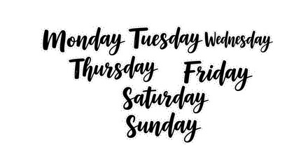 A stylish handwritten black script font displays all seven days of the week, perfect for planners, calendars, and digital design projects.
