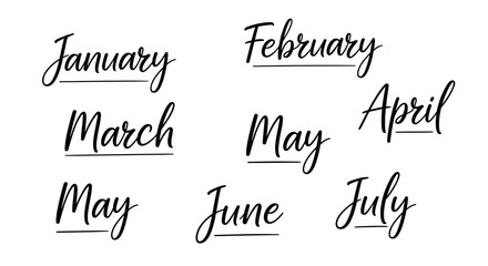 Elegant handwritten script typography displaying various months, perfect for calendar design, planners, or date-related graphic projects.