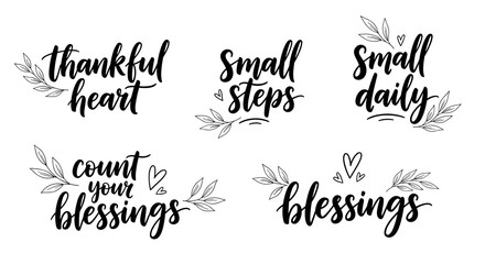 A collection of beautiful hand-lettered calligraphy phrases promoting gratitude, positive thinking, and daily blessings with elegant floral accents.