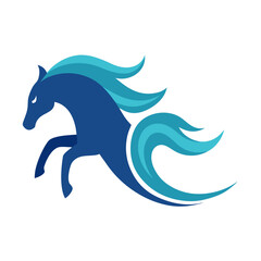 Dynamic blue horse silhouette with flowing mane and tail isolated on white background silhouette