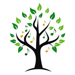 Obraz premium Stylized tree with green leaves and musical notes silhouette isolated on white background