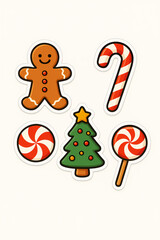 Naklejka premium Christmas sweets collection clipart, sticker style, graphic design illustration wallpaper, gingerbread man with christmas tree