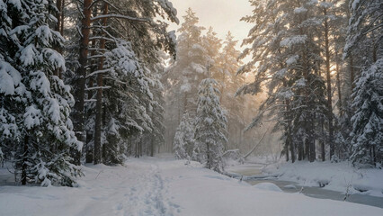 Peaceful winter forest with tall pines covered in fresh snow under soft morning sunlight, creating a calm and scenic winter environment.