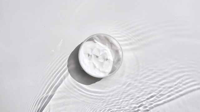 A jar of white cream on a water surface. Splash of water, sunlight and shadows. Layout for advertising goods, cosmetic products. Medical skin care, body care. High quality 4k footage