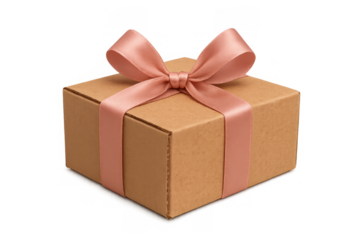 Gift box made of brown cardboard with a pink satin ribbon and bow, symbolizing celebration, surprise, and giving, transparent background