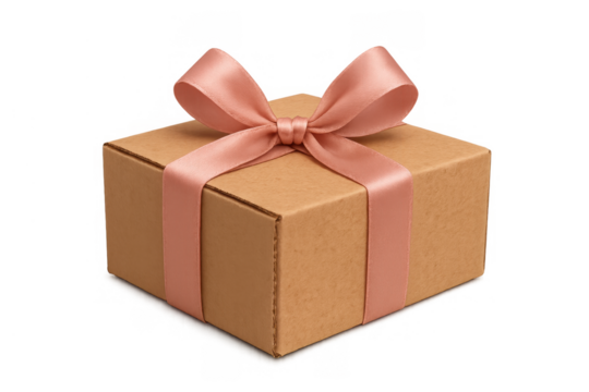 Gift box made of brown cardboard with a pink satin ribbon and bow, symbolizing celebration, surprise, and giving, transparent background