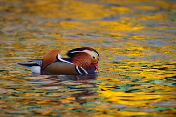 Beautiful mandarin ducks. Animals in the wild. Natural colorful background.