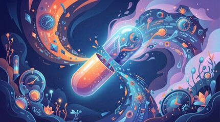 Obraz premium Futuristic capsule unleashing a torrent of intricate data streams, glowing digital elements, and time gears, symbolizing advanced health technology and innovation.