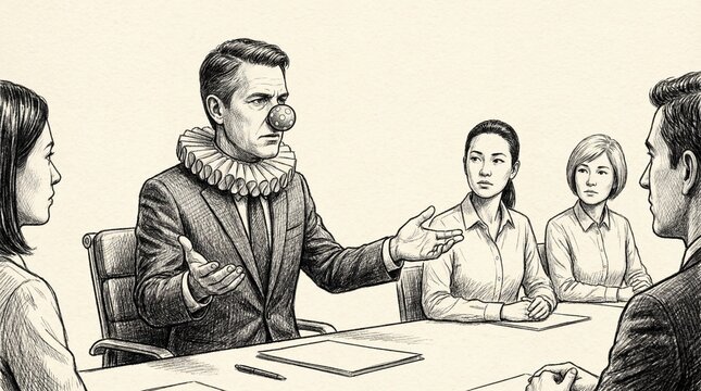 Monochrome illustration of a businessman in a clown nose and ruff addressing unamused colleagues at a corporate meeting, symbolizing corporate foolishness.