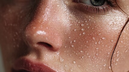 Close up of human face with sweat droplets on skin macro shot beauty
