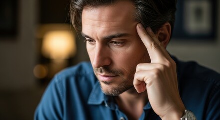 Pensive man deep in thought with contemplative expression and