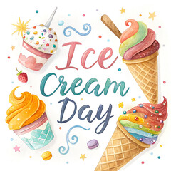 Ice Cream Day Celebration With Colorful Scoops and Cones, Summer Ice Cream Treats in Vibrant Pastel Colors, Delicious Ice Cream Dessert Set for Sweet Holiday Theme, Creative Ice Cream Day Artwork With