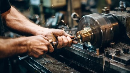 Closeup of skilled worker shaping brass fittings on a precision lathe in a clean industrial workshop environment.