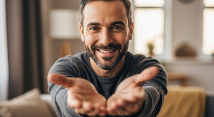 Obraz premium Close-up of a cheerful man extending open palms in a cozy living