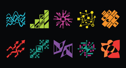 Modern abstract colorful geometric shapes on black background for vibrant presentations or designs