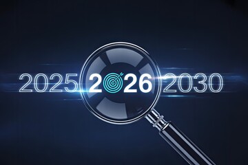 Business forecast 2026 target vision with magnifying glass highlighting future goals and strategy