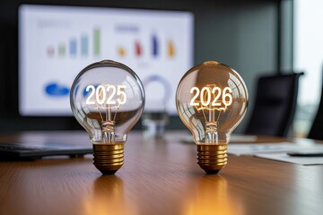 Business forecast from 2025 to 2026 illustrated with symbolic glowing light bulbs and progression concept