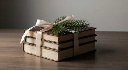Stacked books decorated with ribbon and pine branches on table  