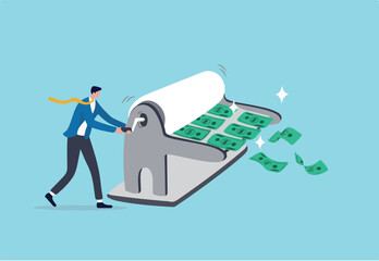 Printing money, quantitative easing policy by countries central bank or FED, federal reserve to stimulate economics concept, businessman central bank man rolling money printer to print money banknotes