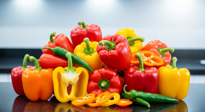Colorful bell peppers for healthy eating promotion, fresh cooking concepts. Vibrant mix of yellow, red, orange. Produce, food photography, culinary arts usage.