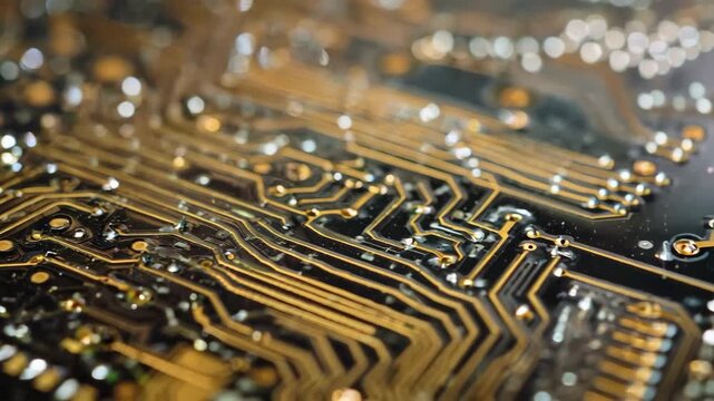 Medium shot capturing the delicate etching process of gold circuit pathways on a flexible polymer sheet used in advanced electronics.