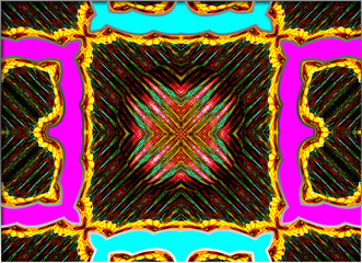 The image features an intricate symmetrical pattern with bold colors. Geometric shapes are framed by vivid pink and blue backgrounds, creating a striking visual contrast.