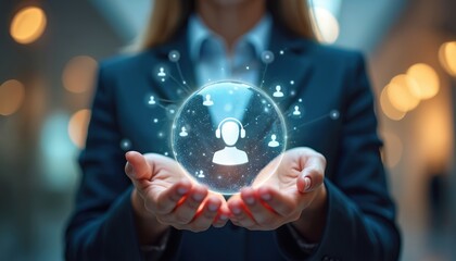 Business hands hold glowing digital sphere. Central headset icon connects to many user profiles, advanced AI customer service, virtual support tech. Modern concept shows global online communication