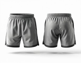 Athletic grey shorts mockup isolated. Sport uniform template for design. Casual activewear for fitness exercises team game. Modern apparel with simple style on blank background. Shorts for men woman