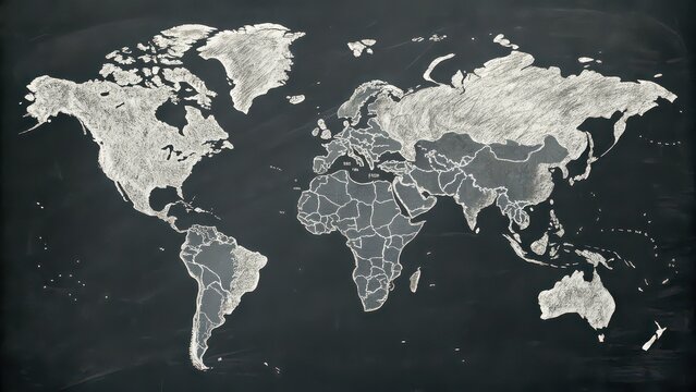 Explore the World Map drawn in chalk on a blackboard, perfect for education, travel inspiration, or global business concepts in a classroom setting