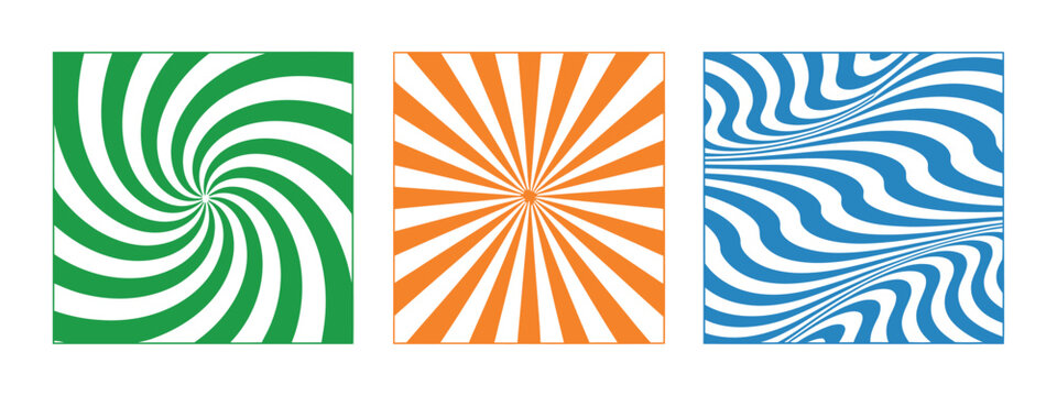 Set of three optical illusion art vector patterns in green orange and blue