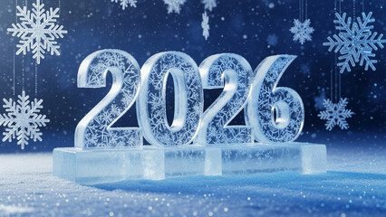 2026 New Year illustration showing frozen numbers carved from ice with snow accumulation and floating snowflakes in a chilly winter environment