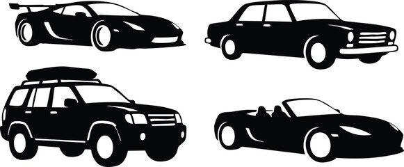 Various black silhouette cars including sports, sedan, SUV, and convertible designs for automotive enthusiasts 