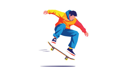 Dynamic illustration of a young man performing a trick on a skateboard